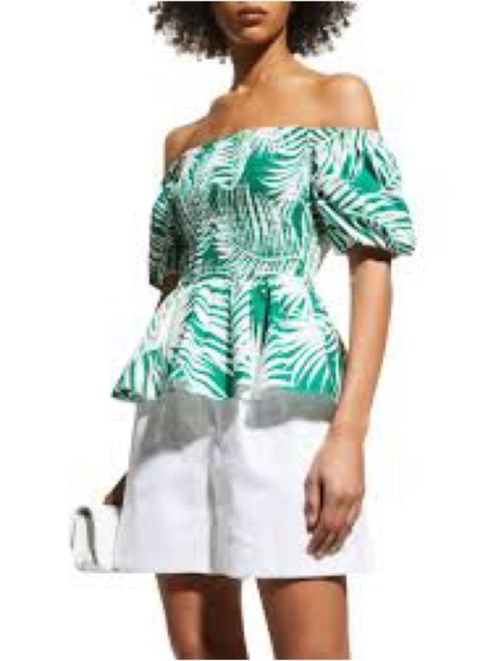 Milly Peplum Top Womens Large Green White Palm Leaf Puff Sleeve Smocked